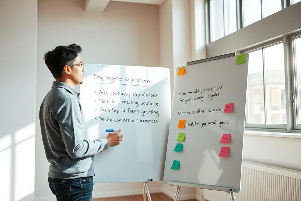 Pessoa escrevendo metas claras em um quadro branco.