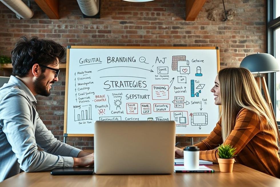 Profissionais de marketing digital e pequenos empresários colaborando para fortalecer suas marcas.