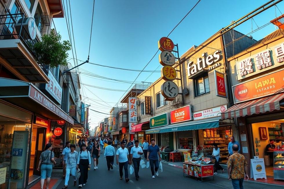 Vista panorâmica de um bairro comercial movimentado.