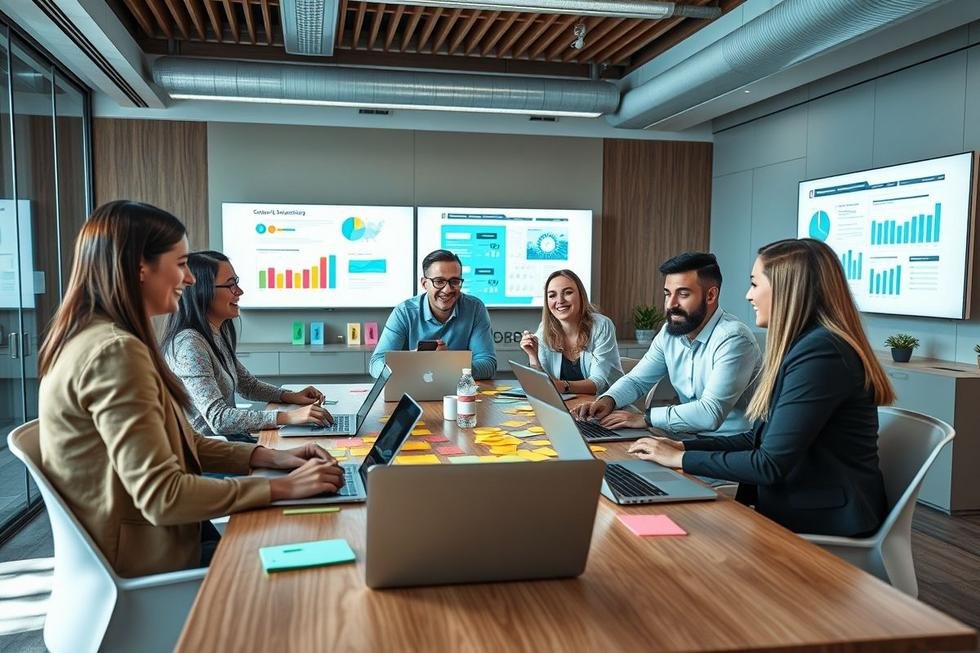 Uma equipe criativa em reunião, planejando estratégias de marketing digital.