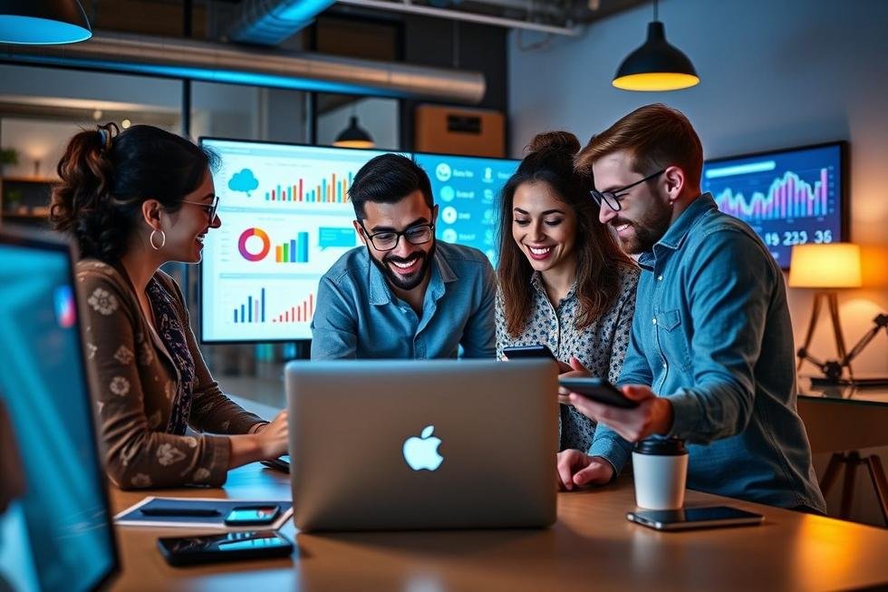 Uma equipe de marketing digital discutindo estratégia de redes sociais sobre um laptop.
