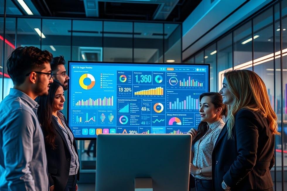 Grupo diversificado de profissionais discutindo marketing digital.