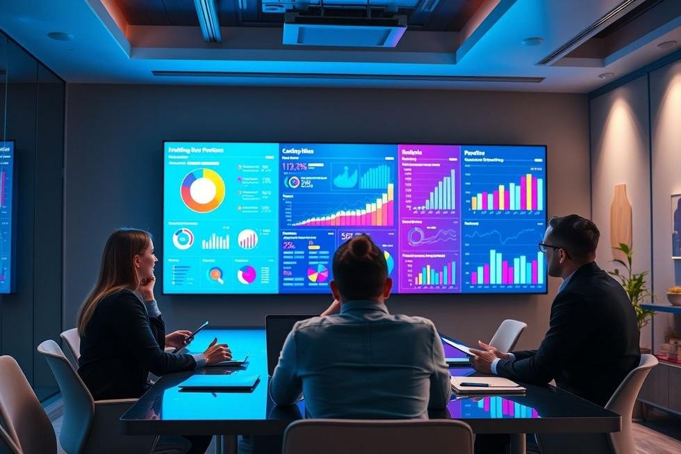 Equipe de marketing analisando dados de desempenho de anúncios.