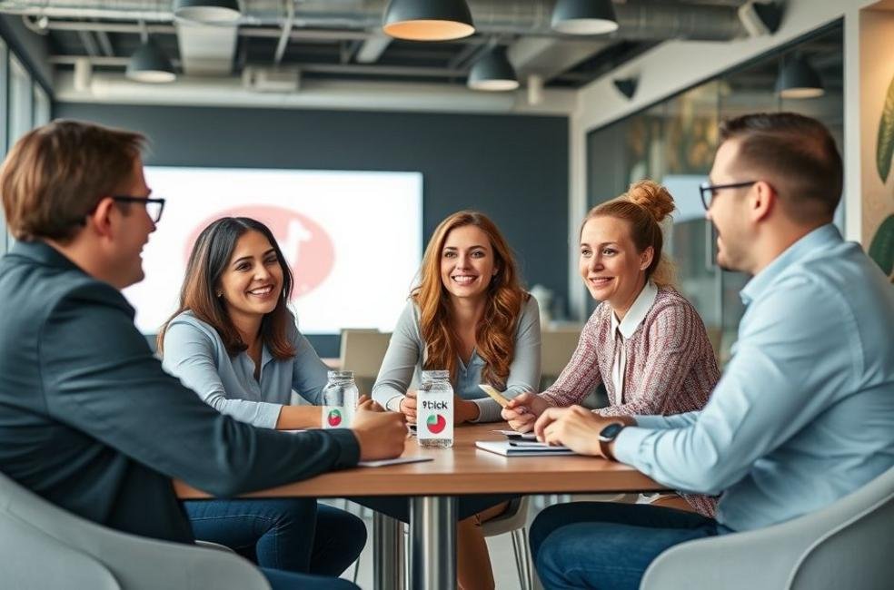 Imagem de empresários discutindo estratégias de marketing no Tiktok.