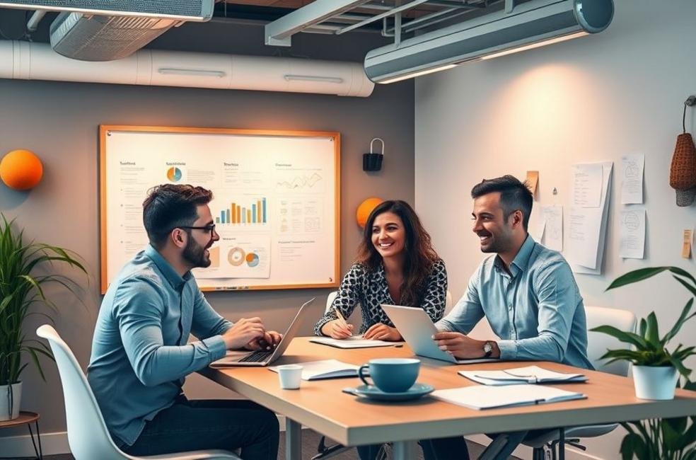 Grupo de empresários colaborando sobre landing pages em um ambiente de trabalho.