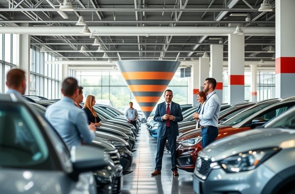 Concessionária movimentada mostrando eficácia nas vendas por meio de um funil digital.