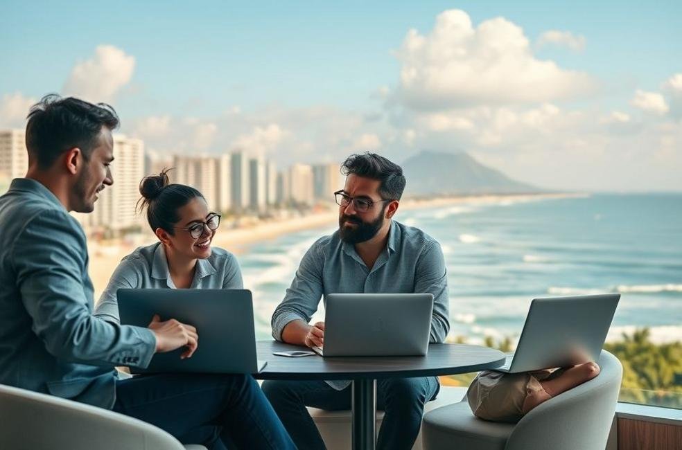 Empreendedores em Praia Grande trabalhando em estratégias digitais.