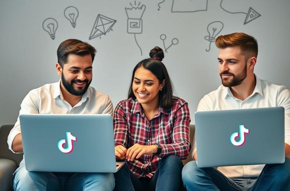 Grupo de empreendedores discutindo estratégias de marketing digital com foco no TikTok.