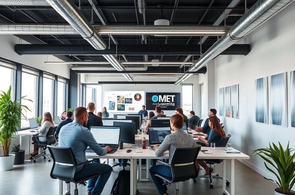 Profissionais trabalhando em uma agência de marketing digital em São José do Rio Preto.