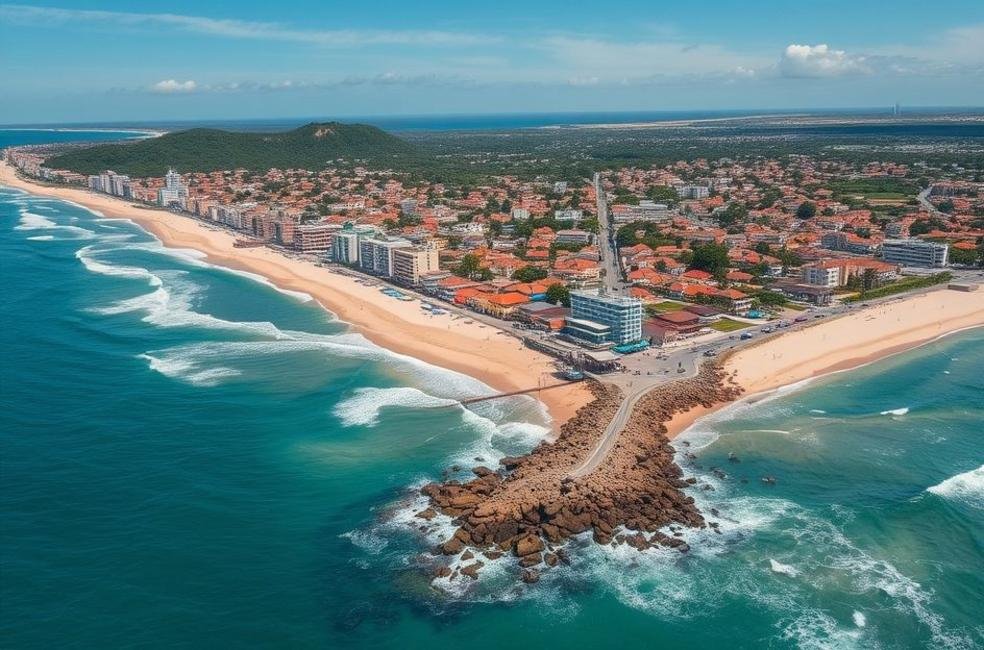 Vista aérea da Praia Grande mostrando negócios locais.