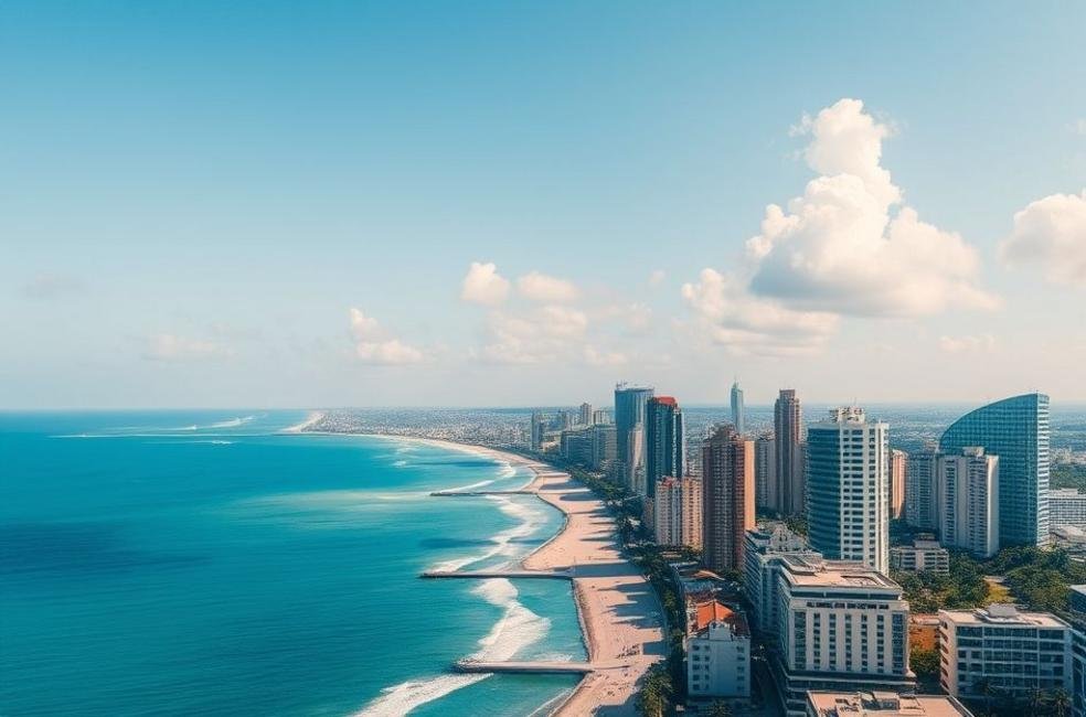 Vista costeira de Santos, SP, retratando o movimento empresarial local.