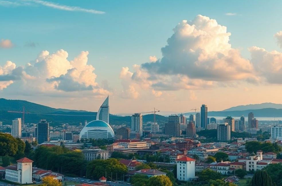 Vista de São José - SC retratando a vida urbana e elementos de marketing digital.