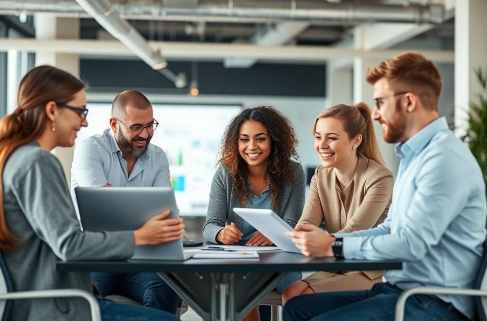Uma equipe de profissionais de marketing em ação.