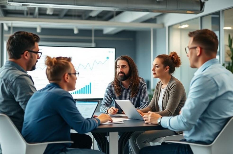 Equipe de marketing digital colaborando em uma sala de reuniões moderna.